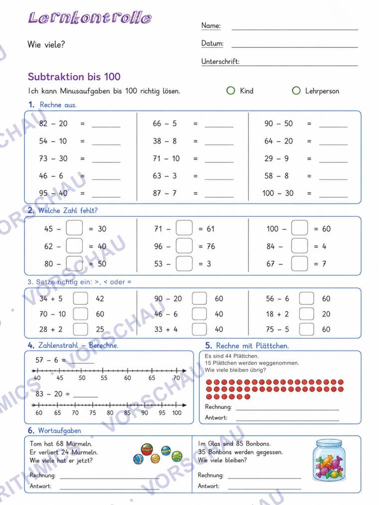 Lernkontrolle: Subtraktion bis 100